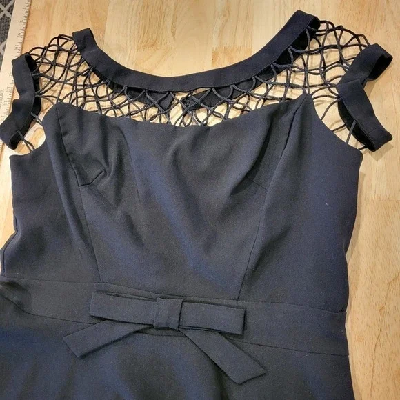 Black Fit & Flare Dress Mesh Shoulder Bow Detail - Picture 3 of 10